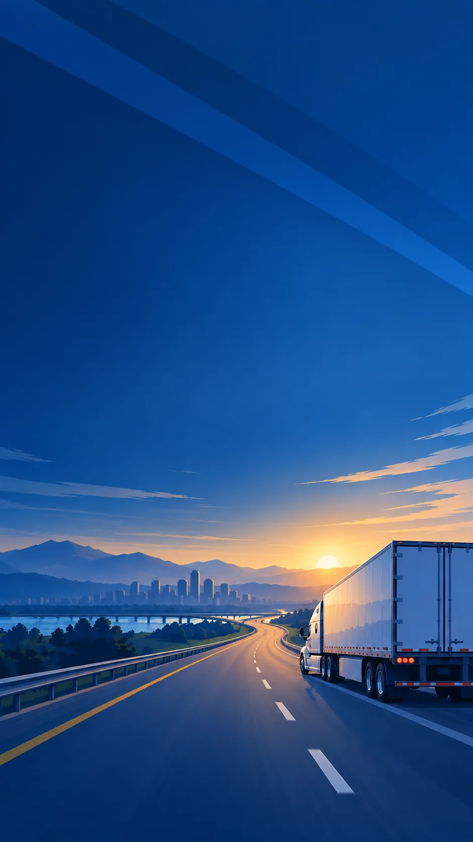 Semi truck on a highway heading toward a city at sunset