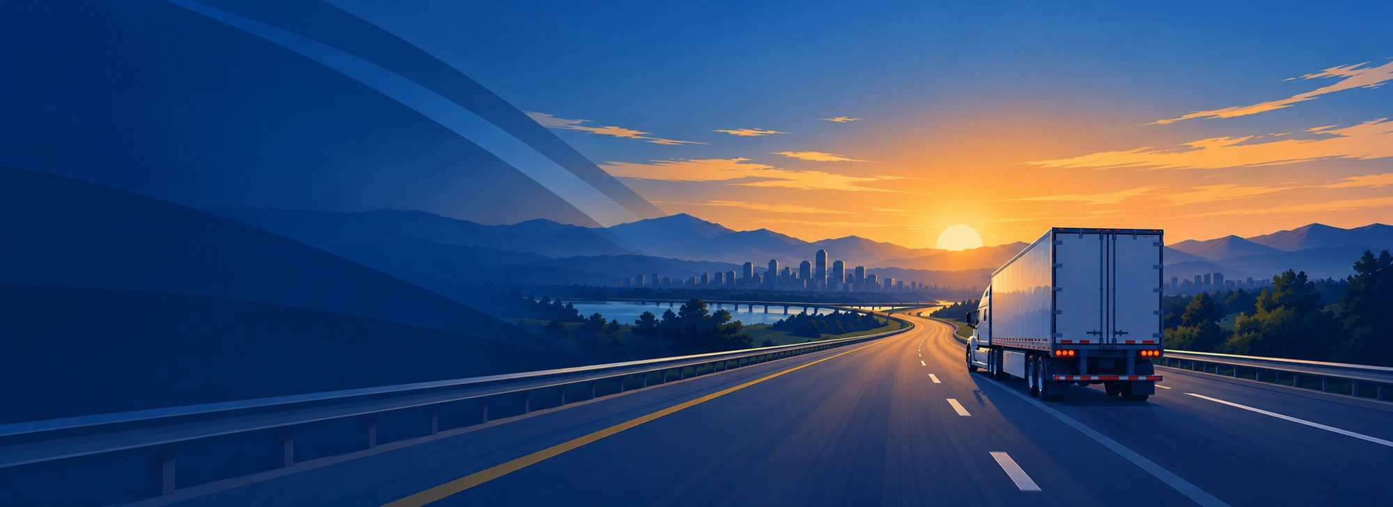 Semi truck on a highway heading toward a city at sunset
